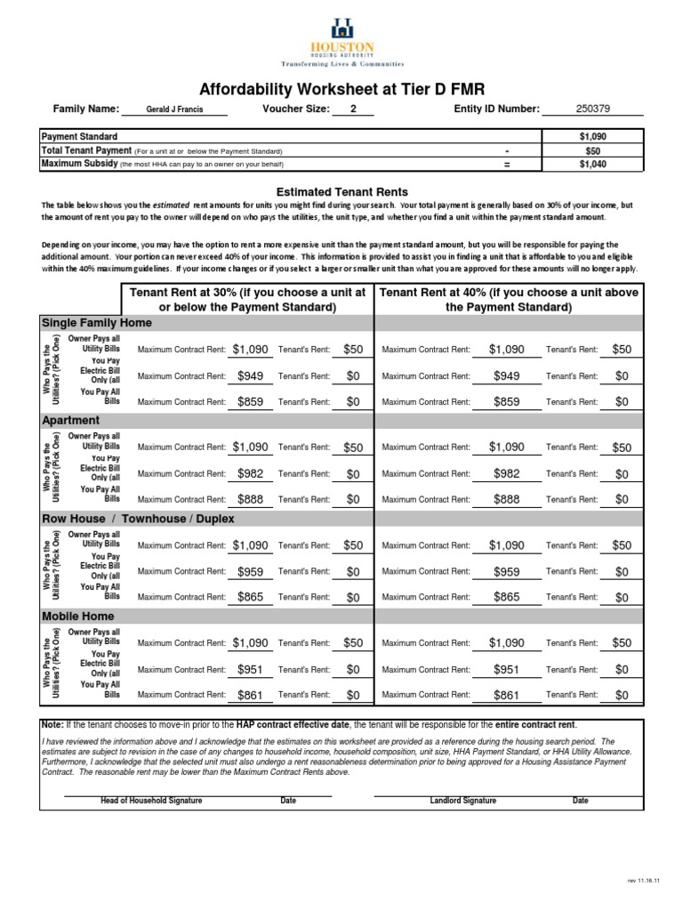 Affordability Worksheet at Tier D FMR: Estimated Tenant Rents | PDF ...