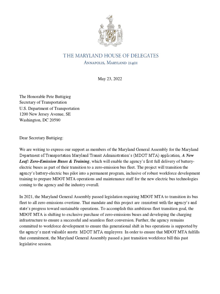 MD House of Delegates Letter in Support of MDOT Grant Application PDF