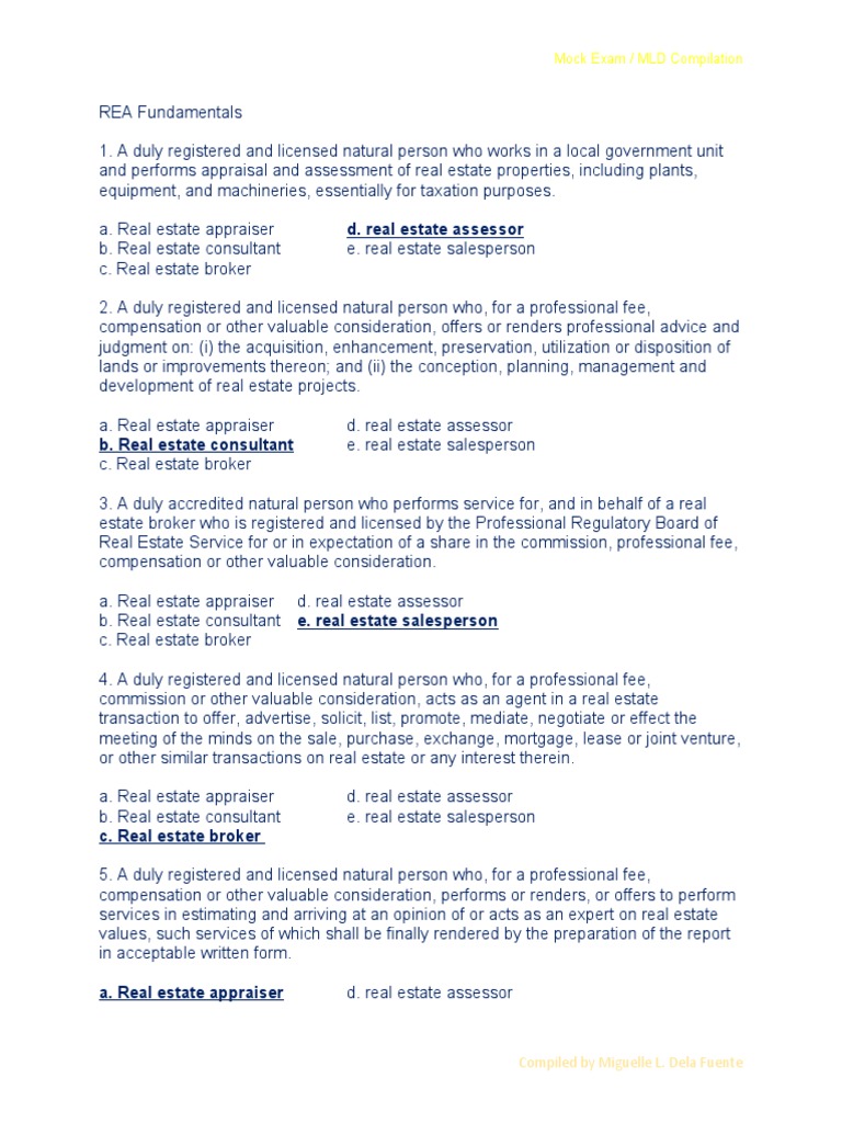 REA Exam Mock Questions Compilation | PDF | Real Estate Appraisal ...