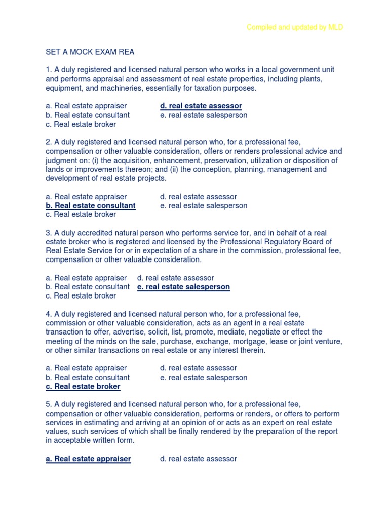 REA Mock Exam for Real Estate Practitioners | PDF | Real Estate ...