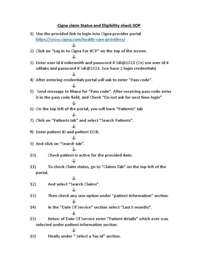 Cigna Claim Status and Eligibility Check SOP PDF Login Computing