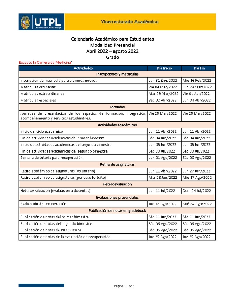 Calendario Académico - Modalidad Presencial - Abril 2022 - Agosto 2022 - Grado - Estudiantes 