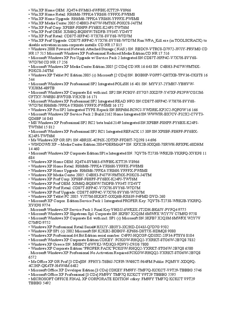 A Collection of Windows and Office Product Keys PDF Windows Xp