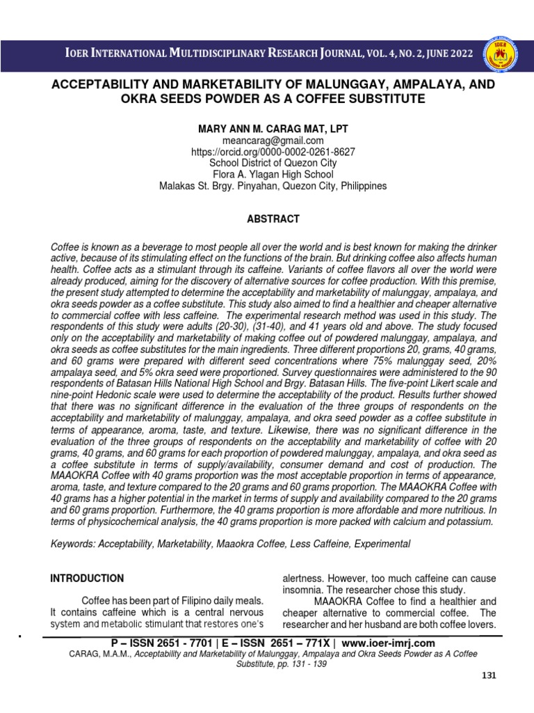 Acceptability and Marketability of Malunggay, Ampalaya and Okra Seeds