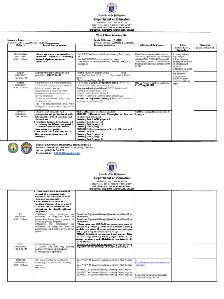 9 ATIS Weekly Home Learning Plan Q1 W3 | PDF | Educational Psychology ...