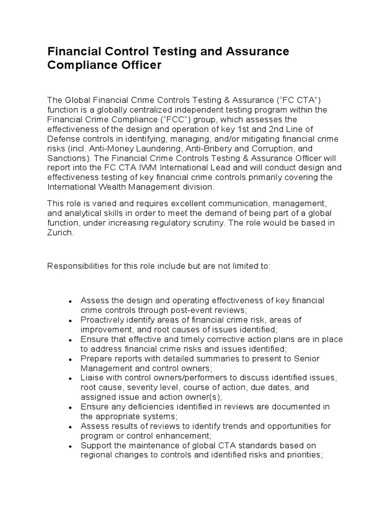 CreditSuisse Compliance Job Description PDF Money Laundering Regulatory Compliance