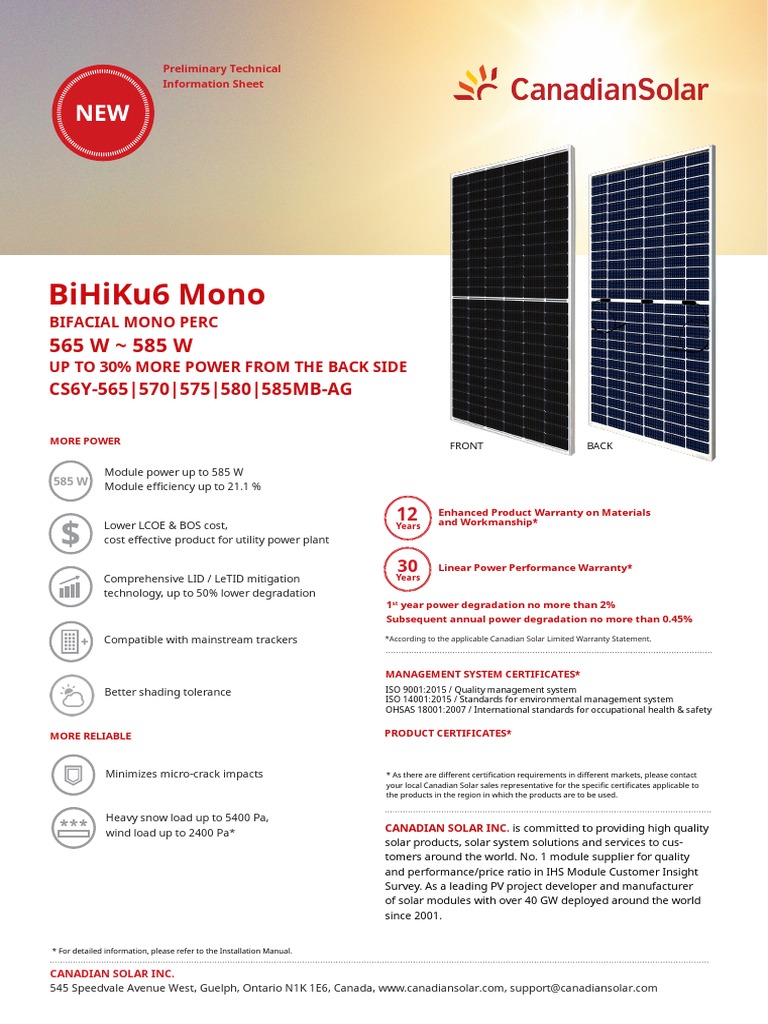 Canadian Solar 585W Bifacial Datasheet | PDF | Solar Panel | Photovoltaics