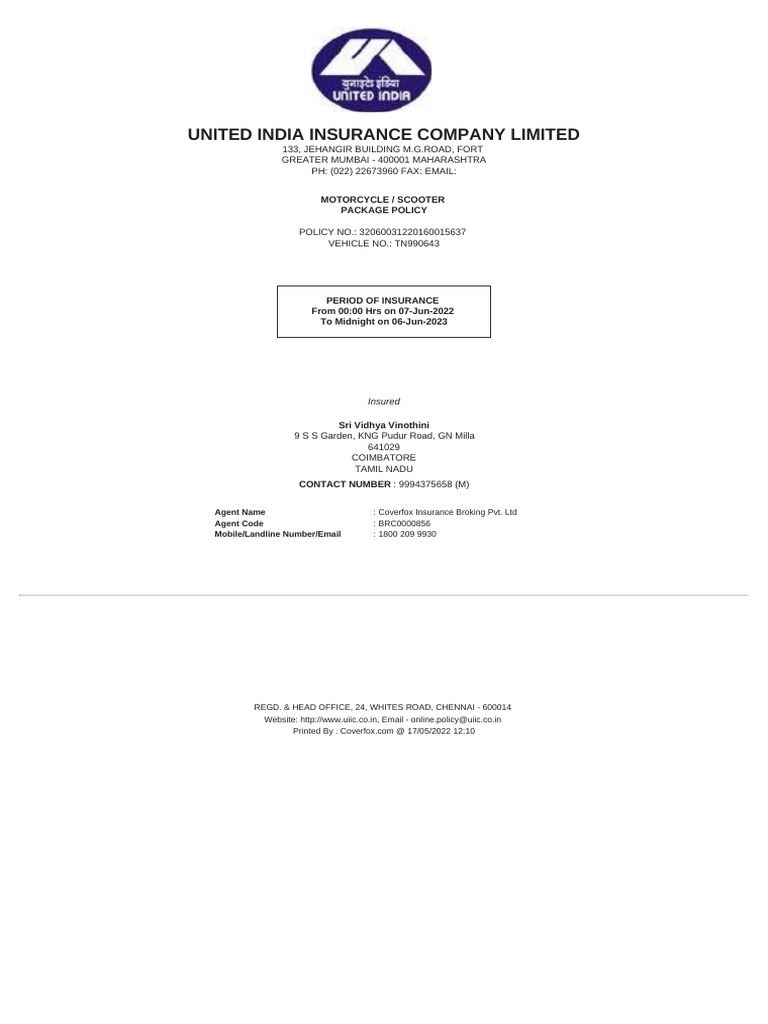 United India Insurance Bike Policy Details | PDF | Indemnity | Insurance
