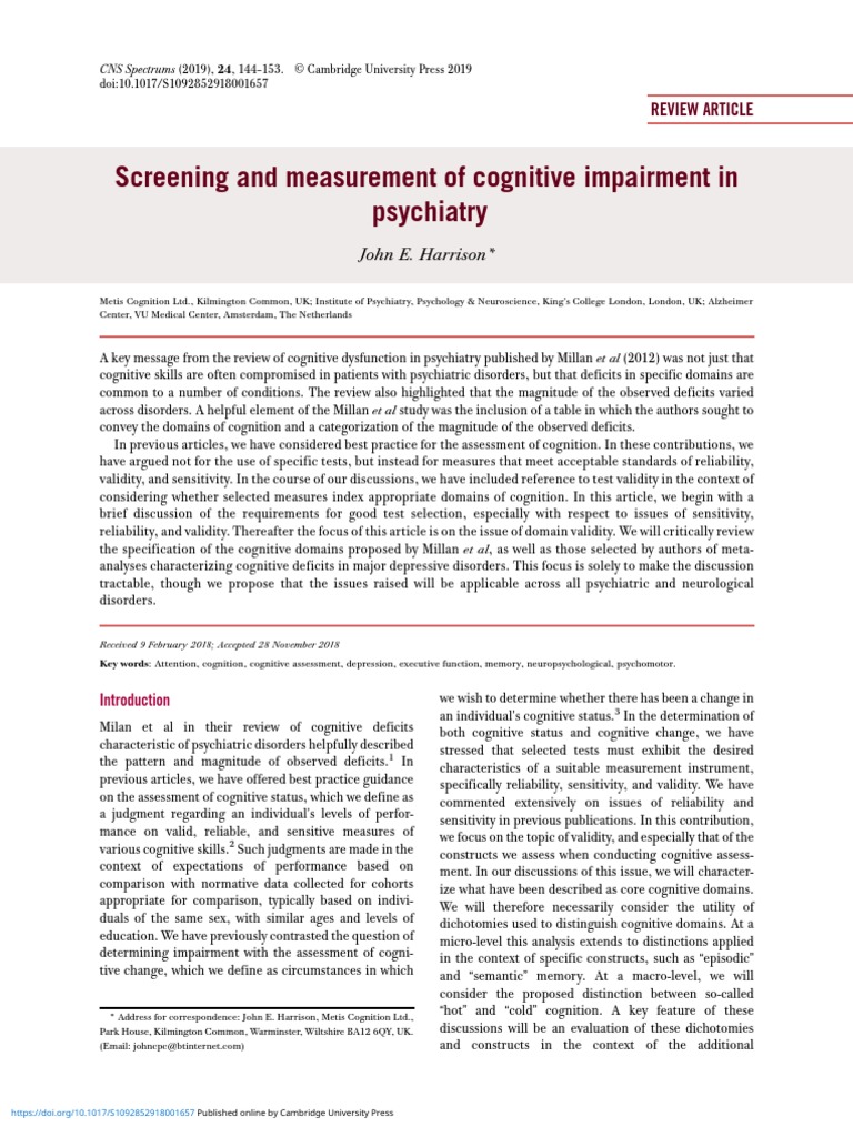 Screening and Measurement of Cognitive Impairment in Psychiatry | PDF ...
