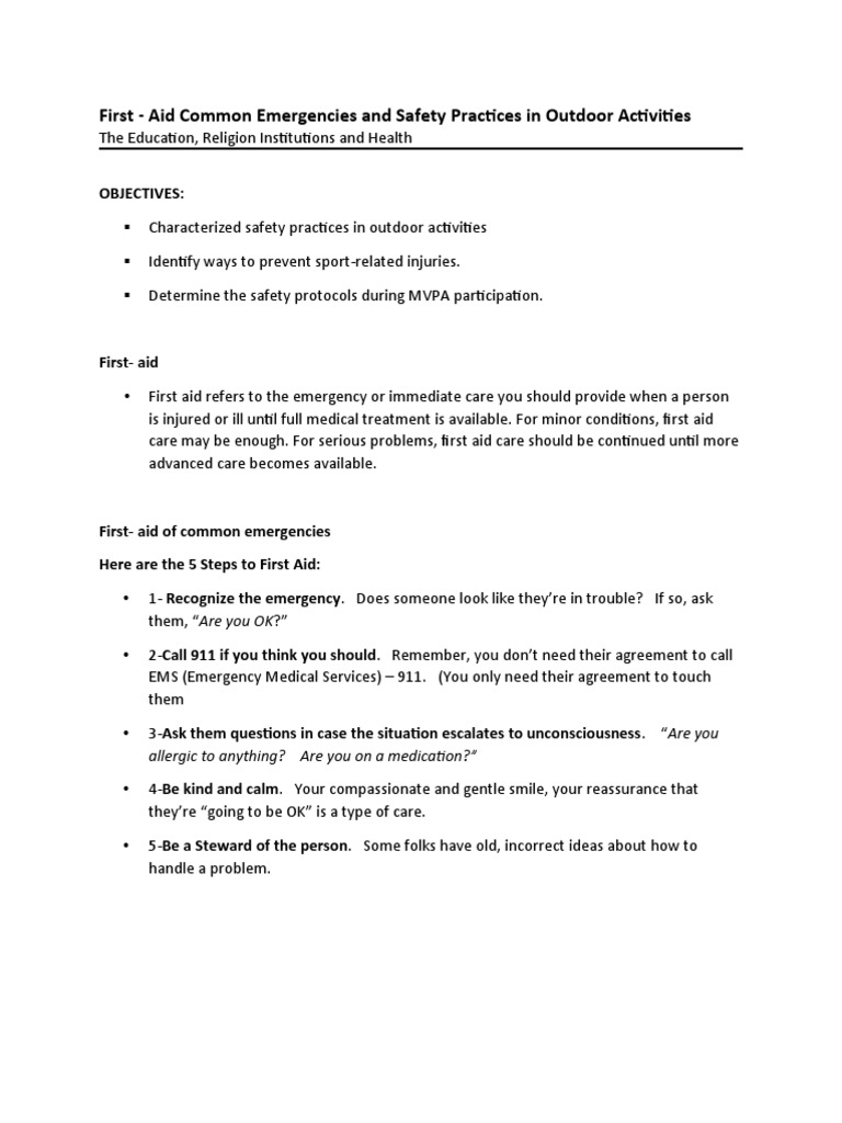 First Aid Common Emergencies and Safety Practices in Outdoor
