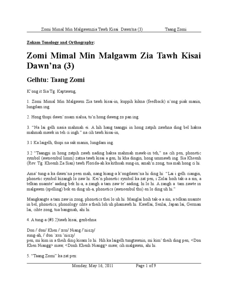 Zomi Language Phonetics and Orthography | PDF | Linguistics | Phonology