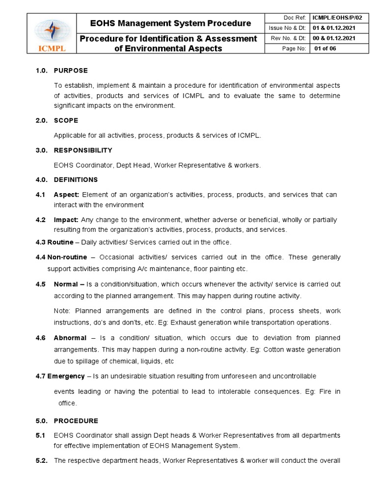 Environmental Aspect Assessment Procedure | PDF | Risk | Personal ...