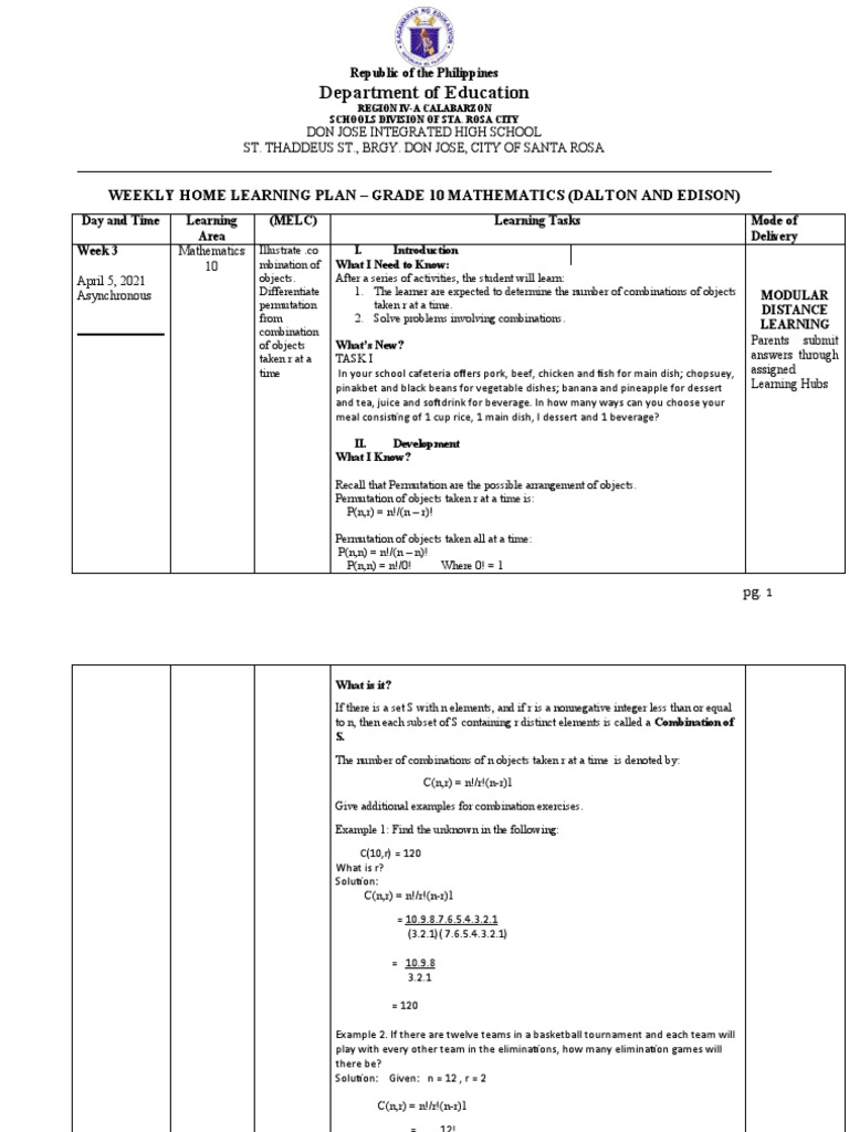 Grade 10 Math Weekly Learning Plan | PDF | Mathematics