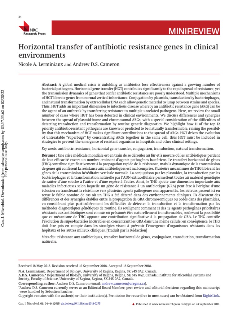 Horizontal Transfer of Antibiotic Resistance Genes in Clinical ...