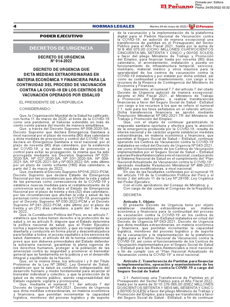 Decretos De Urgencia Decreto De Urgencia 014 2022 Pdf Presupuesto