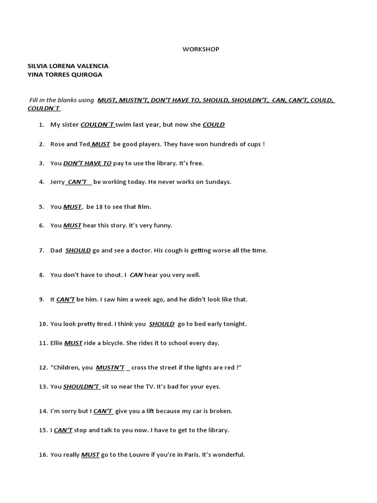 Modal Verbs Fill-in-the-Blank Workshop | PDF