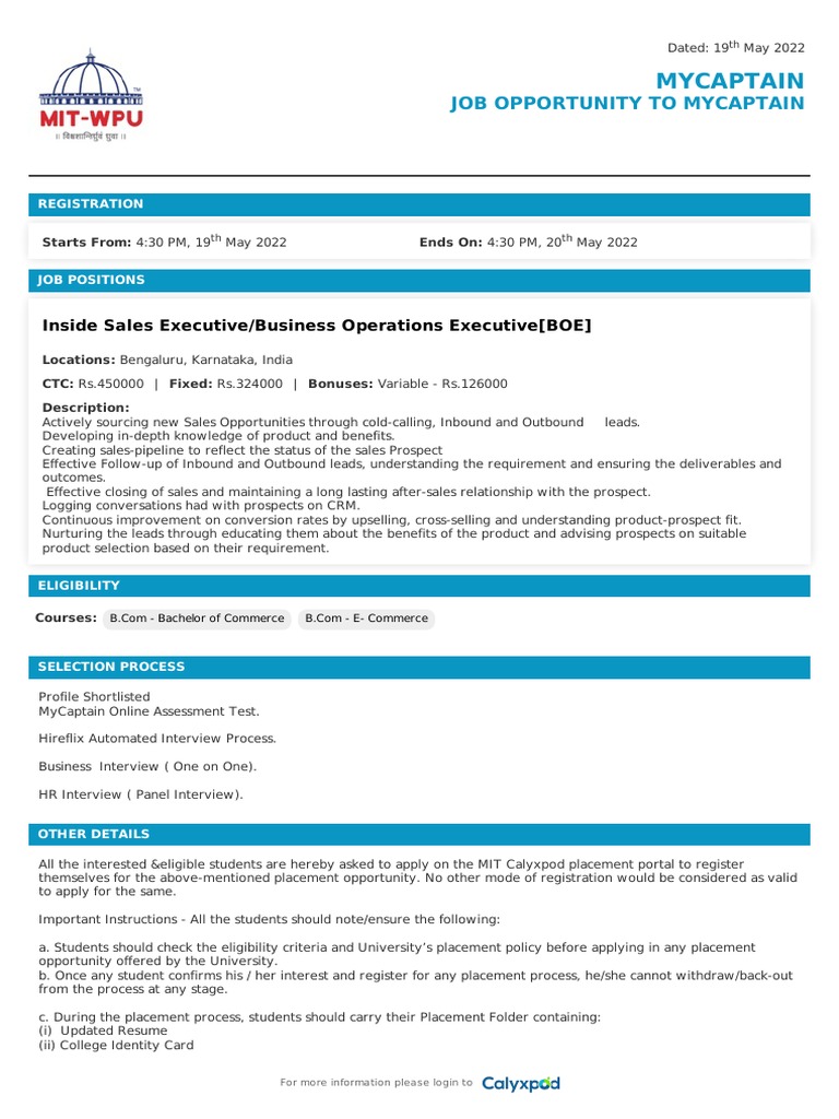 MyCaptain Job Opportunity for Students | PDF