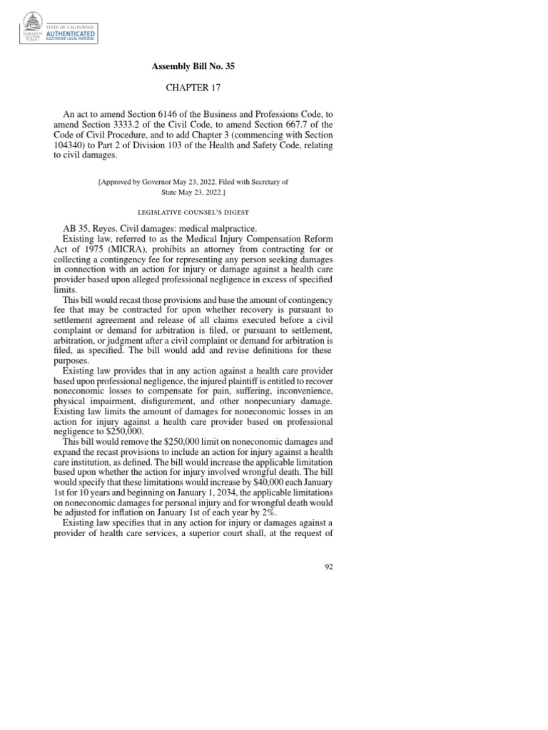 Assembly Bill No. 35 Legislative Counsel's Digest PDF Damages