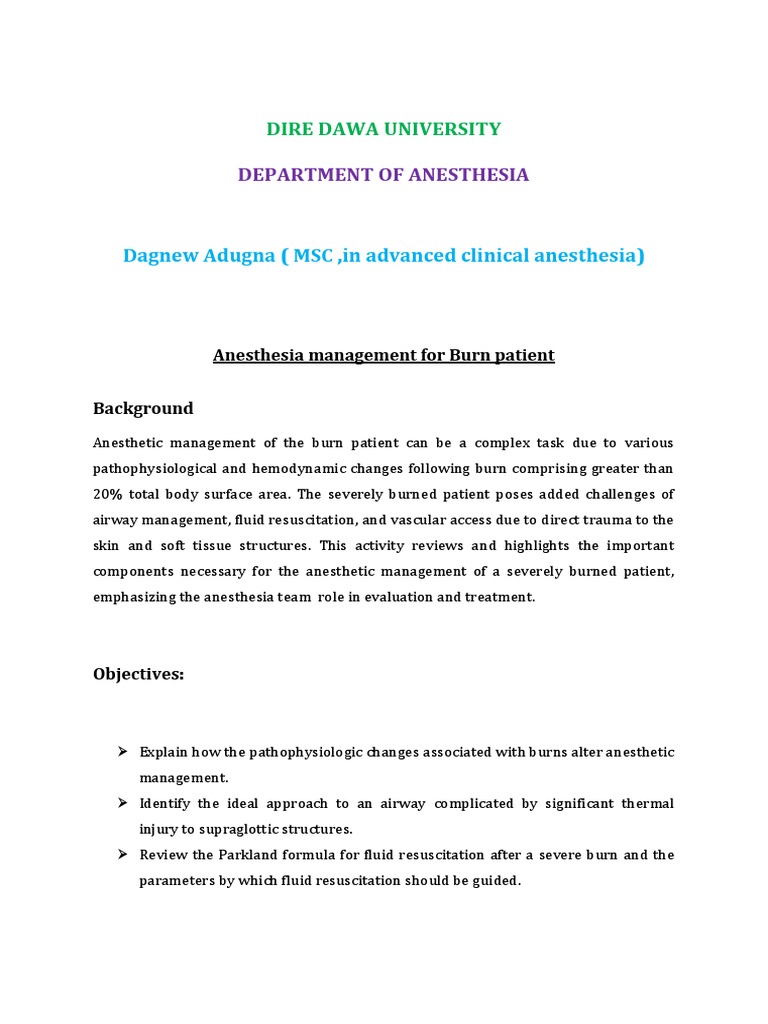 Anesthesia Management For Burn Patient PDF Burn Hypoxia (Medical)