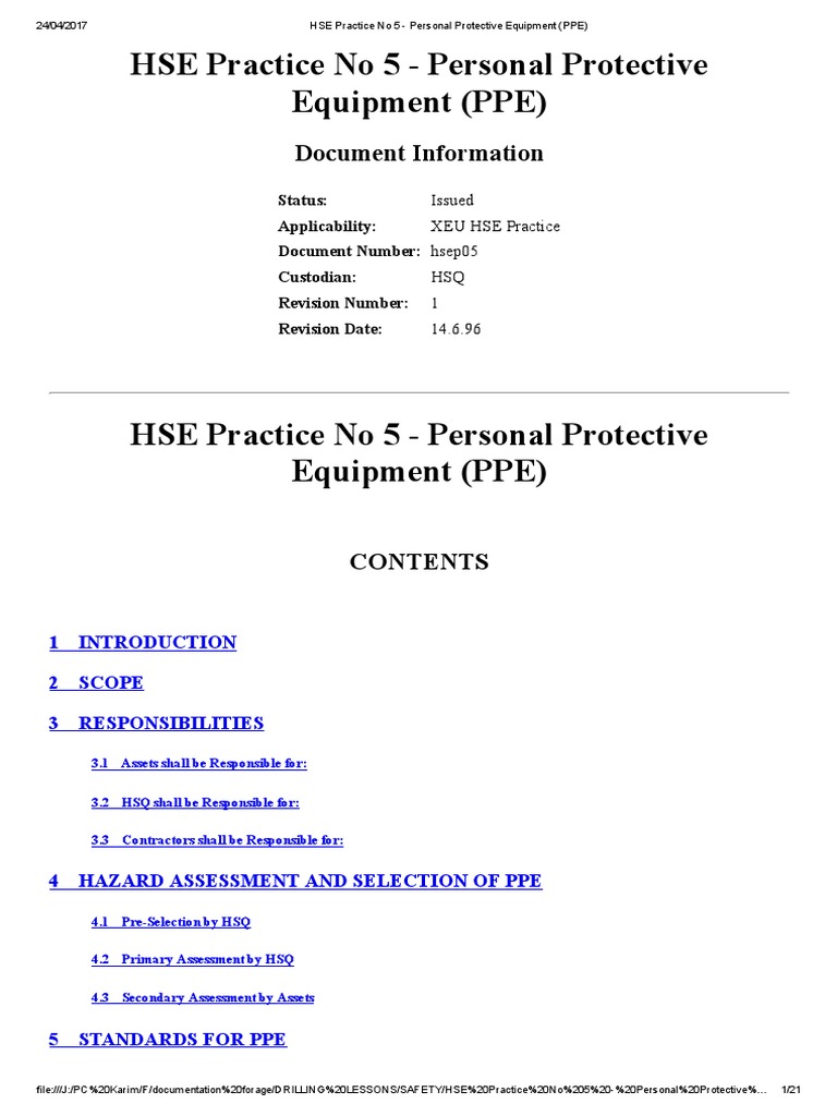 HSE Guidelines for Personal Protective Equipment | PDF | Personal ...