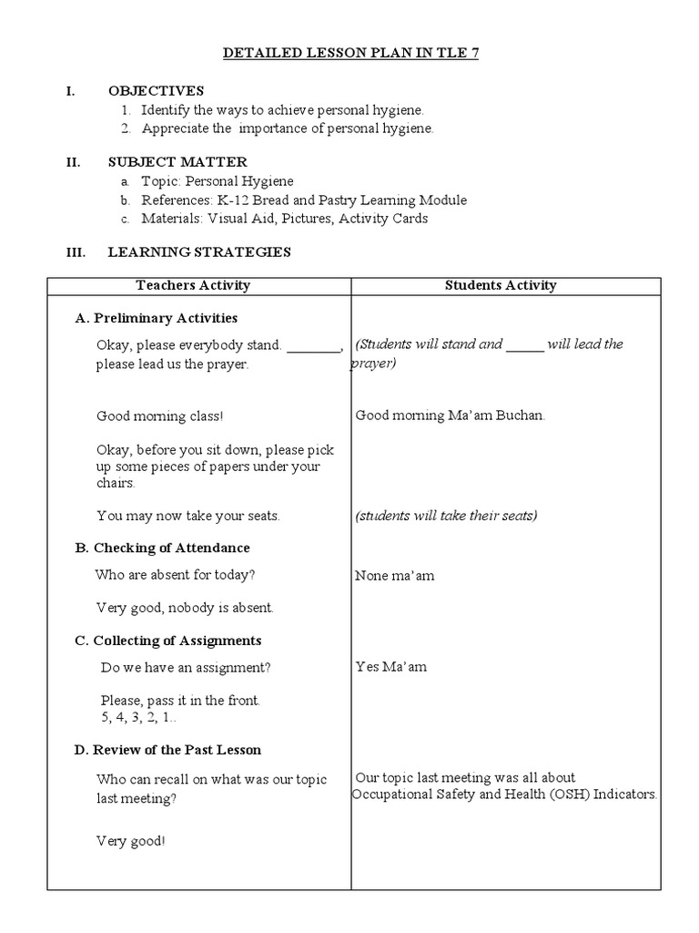 Personal Hygiene Lesson Plan for TLE 7 | PDF | Hand Washing | Hygiene