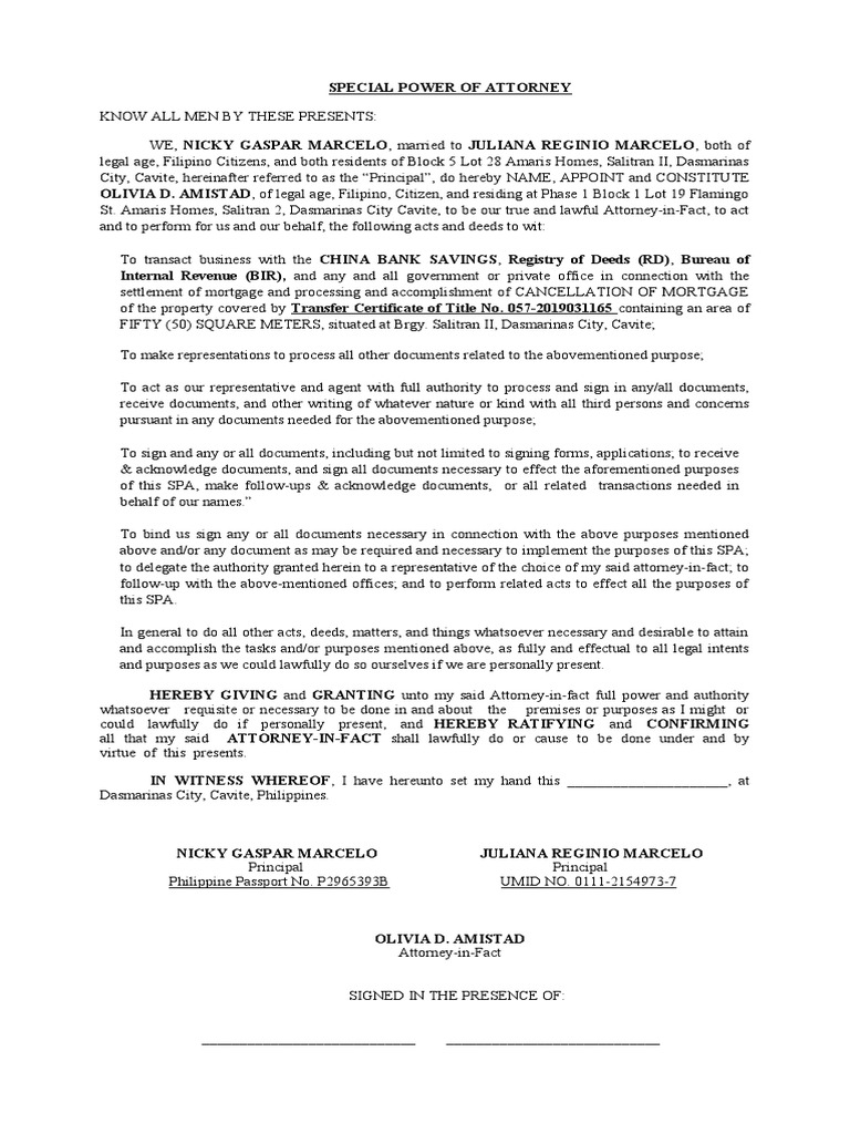 Special Power of Attorney For Cancellation of Mortgage PDF Power Of