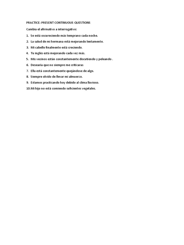 Practice Present Continuous Questions | PDF
