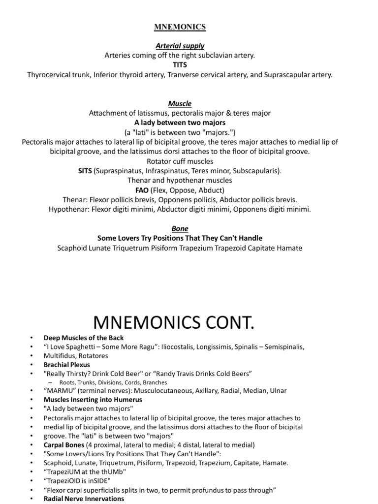 List of Mnemonics for Upper Limbs-1