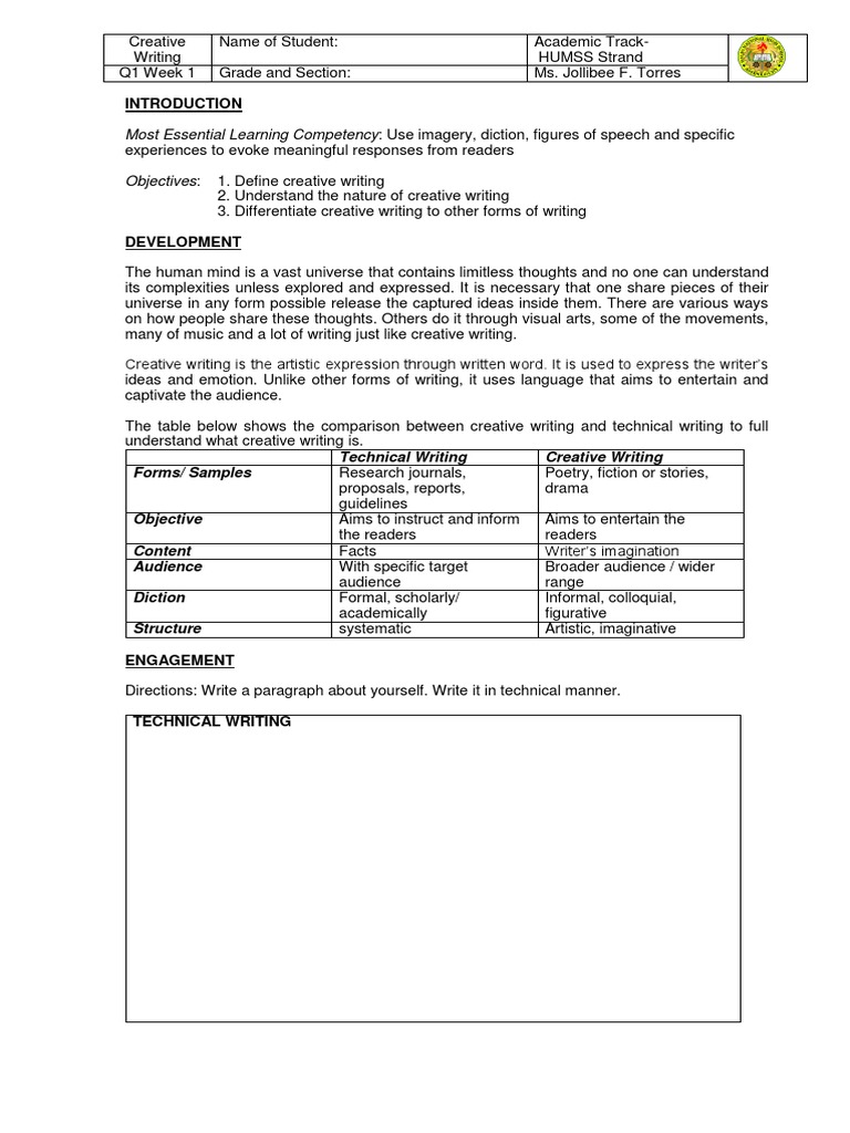 Activity Sheet - Week 1 Creative Writing | PDF | Perception | Experience