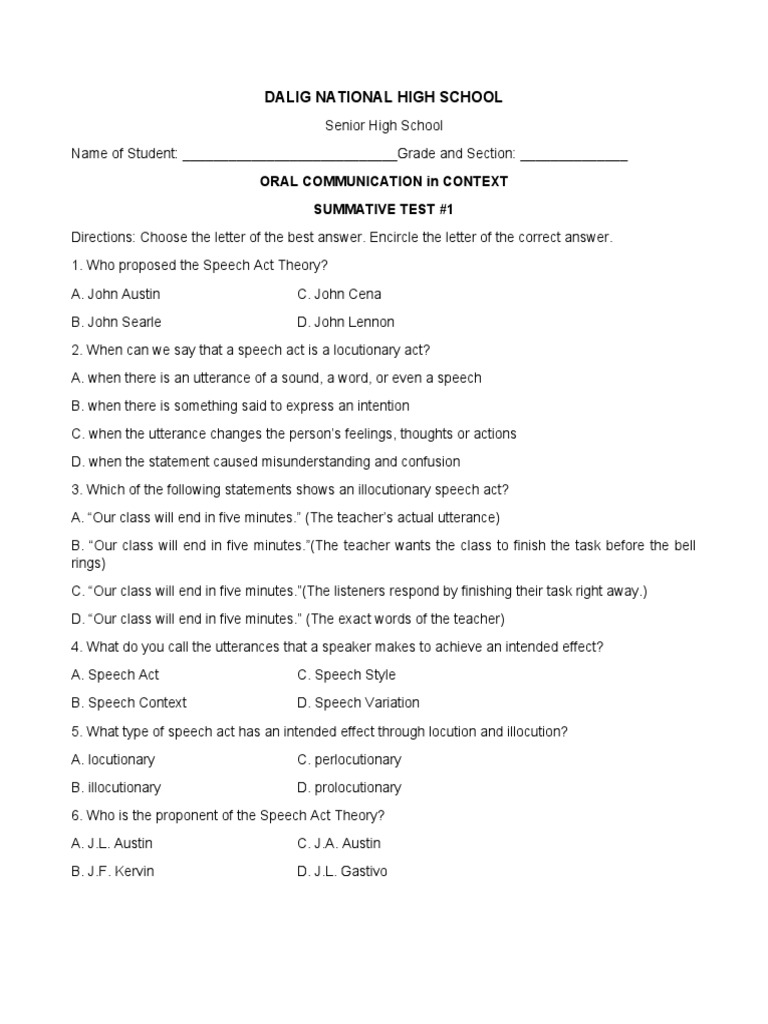 Summative Tests on Oral Communication Concepts PDF Human