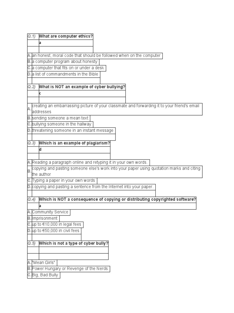 Computer Ethics Quiz PDF Plagiarism Cyberbullying