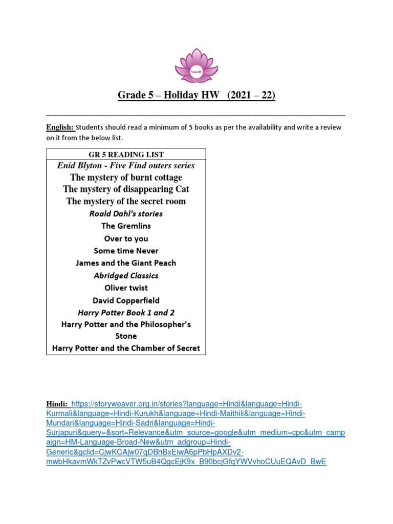 Grade 5 Holiday Homework Guide | PDF | Foreign Language Studies