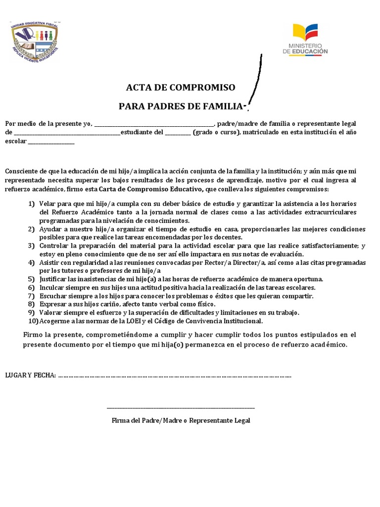 Acta de Compromiso para Padres de Familia | PDF | Aprendizaje ...