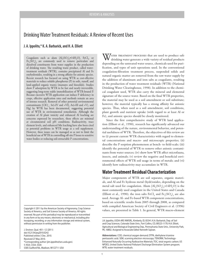 Drinking Water Treatment Residuals A Review of Recent Uses PDF