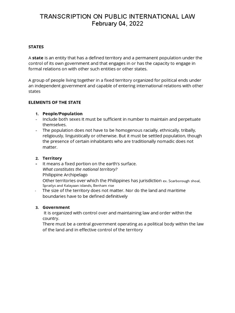 Transcription On Public International Law February 04, 2022: States ...