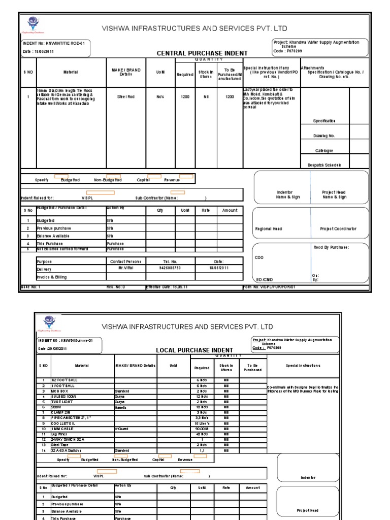 Central Purchase Indent for VISPL | PDF