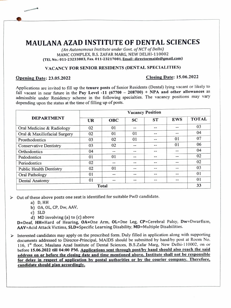 Maulana Azad Institute of Dental Sciences Vacancy For Senior Residents
