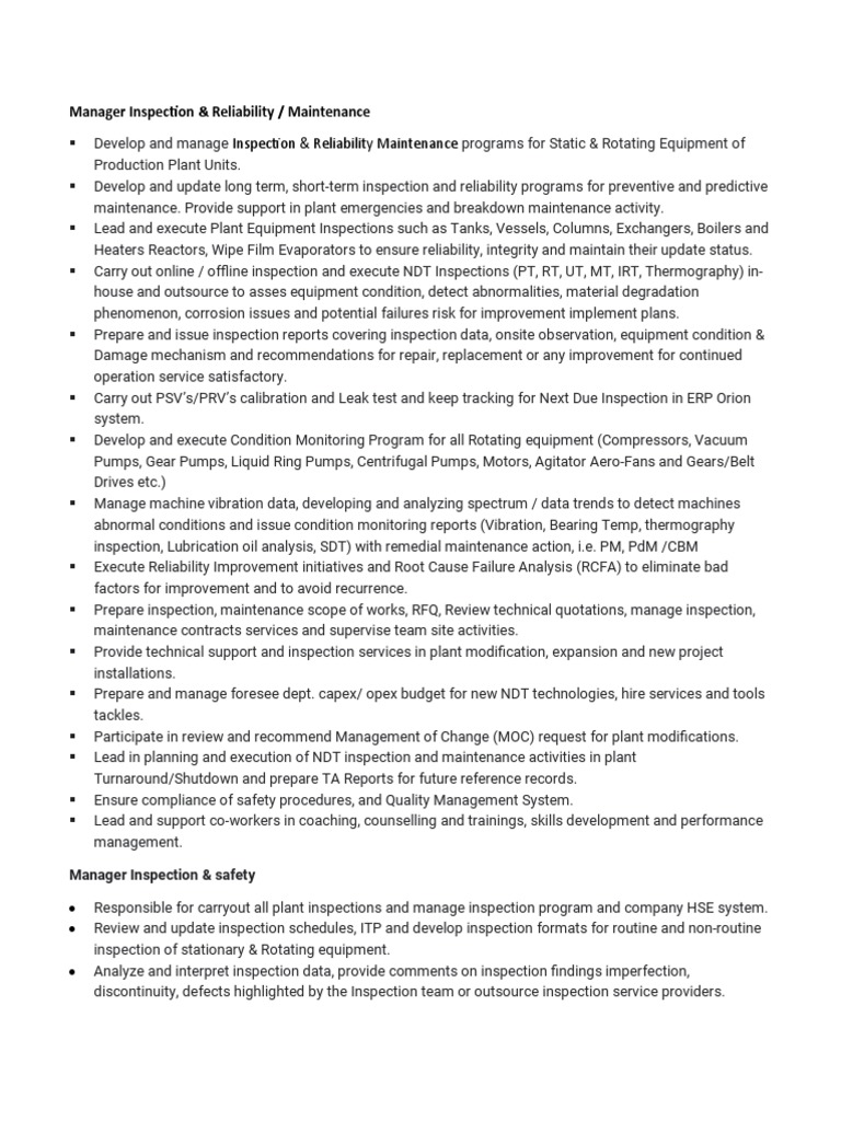 Manager Inspection & Reliability / Maintenance | PDF | Reliability ...