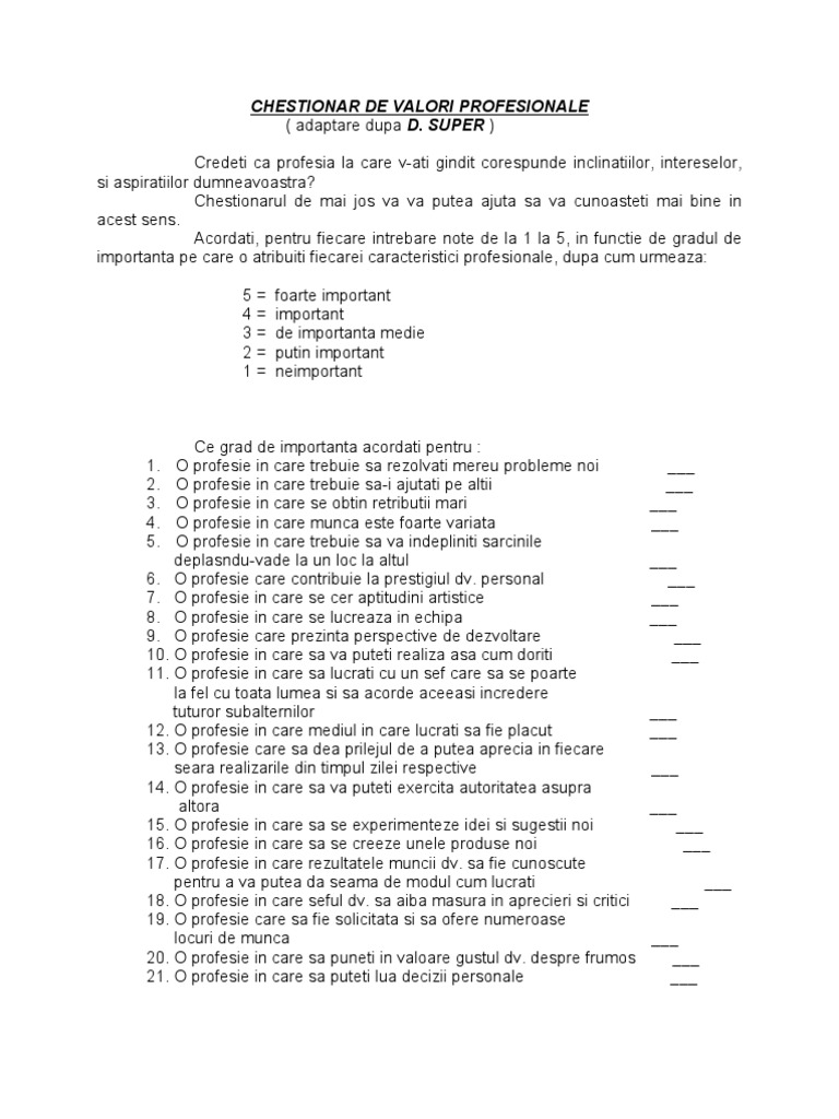 Chestionar de Valori Profesionale  Super  PDF