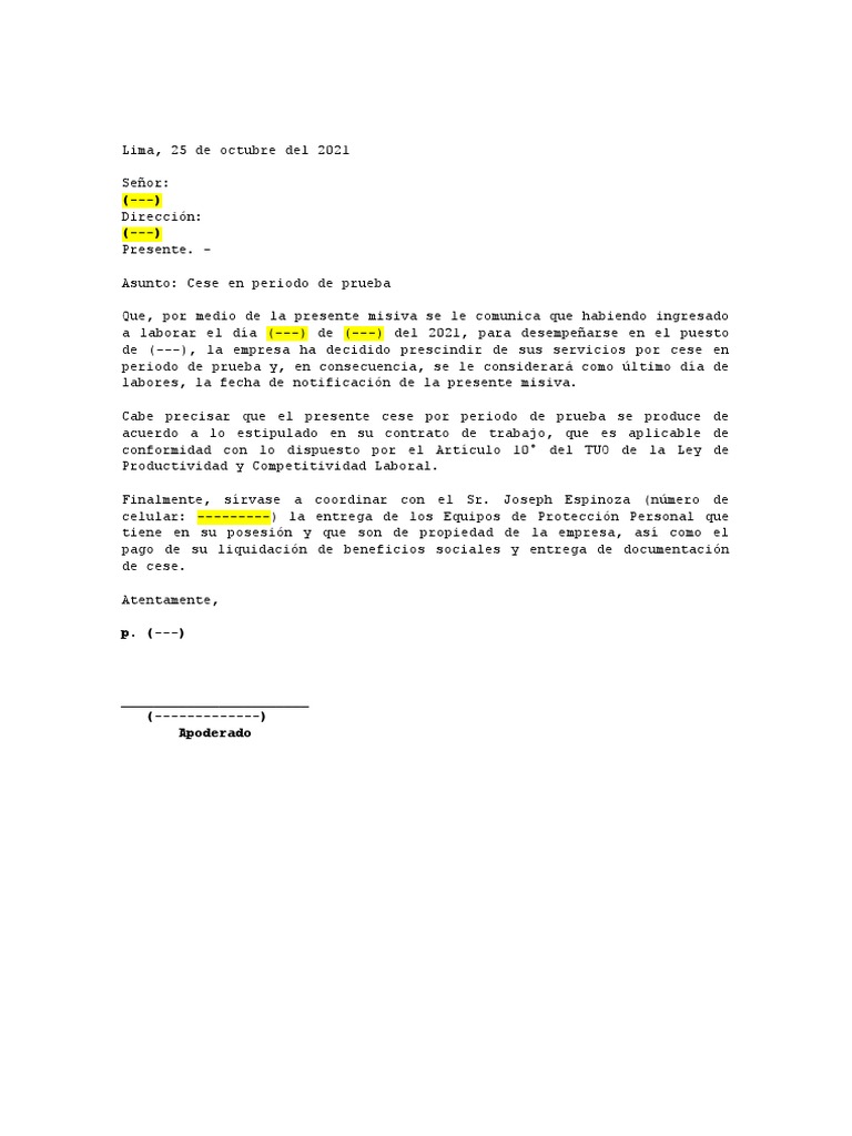 Carta de Cese Por Periodo de Prueba Modelo PDF