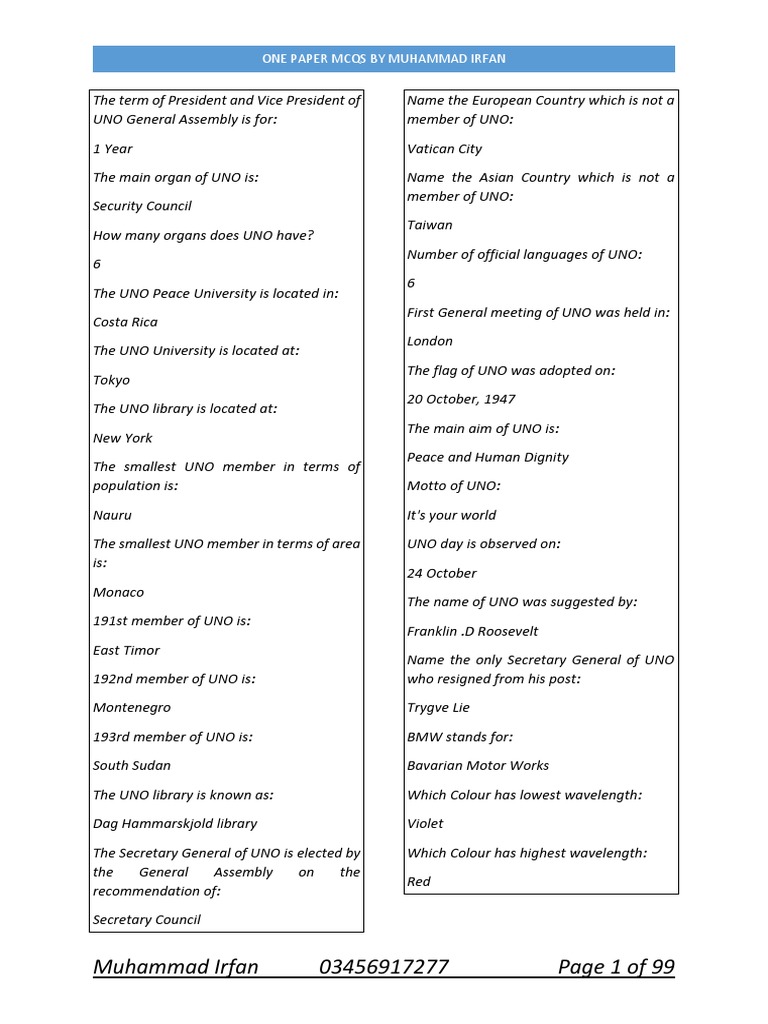 UNO MCQs Compilation by Muhammad Irfan | PDF | United Nations ...