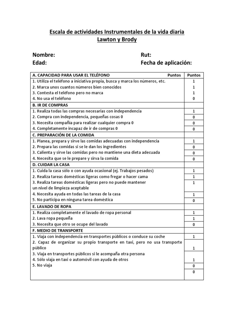 Escala de Actividades Instrumentales de La Vida Diaria | PDF