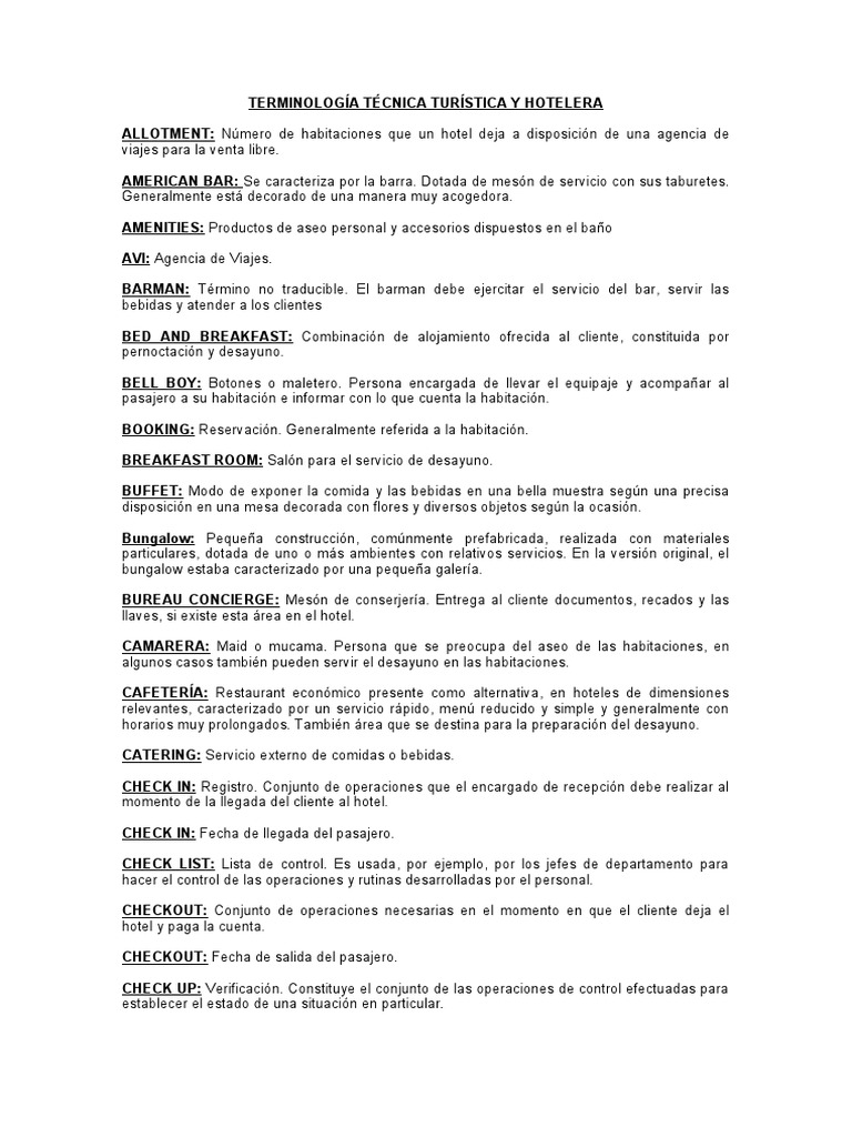 Terminología Hotelera y Turística | PDF | Hotel | Camareros