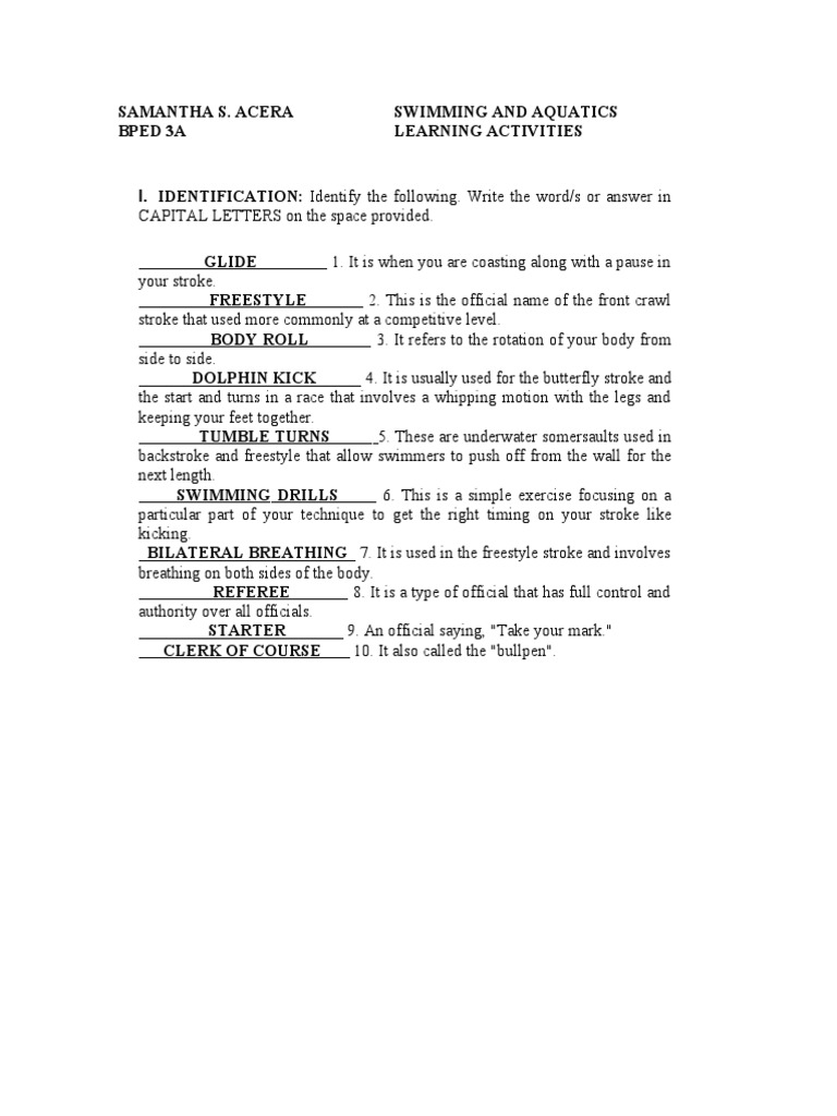 Activity 4 Swimming and Aquatics PDF Swimming (Sport) Bathing