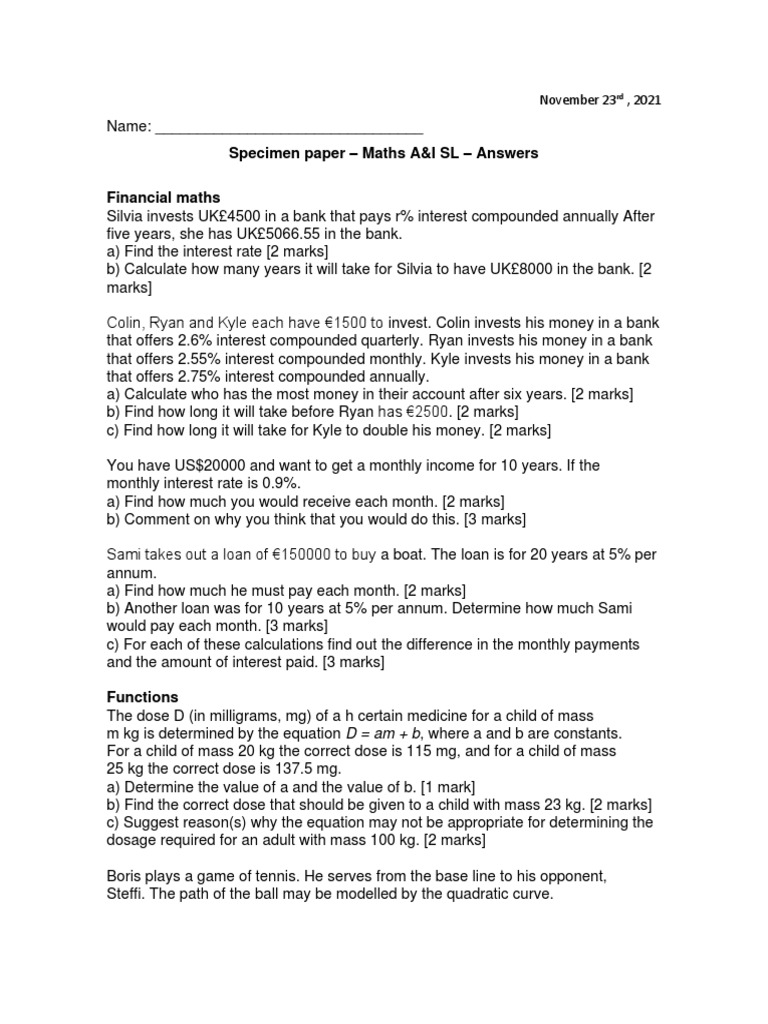 Maths A&I SL Specimen Paper 2025 | PDF | Interest | Dose (Biochemistry)