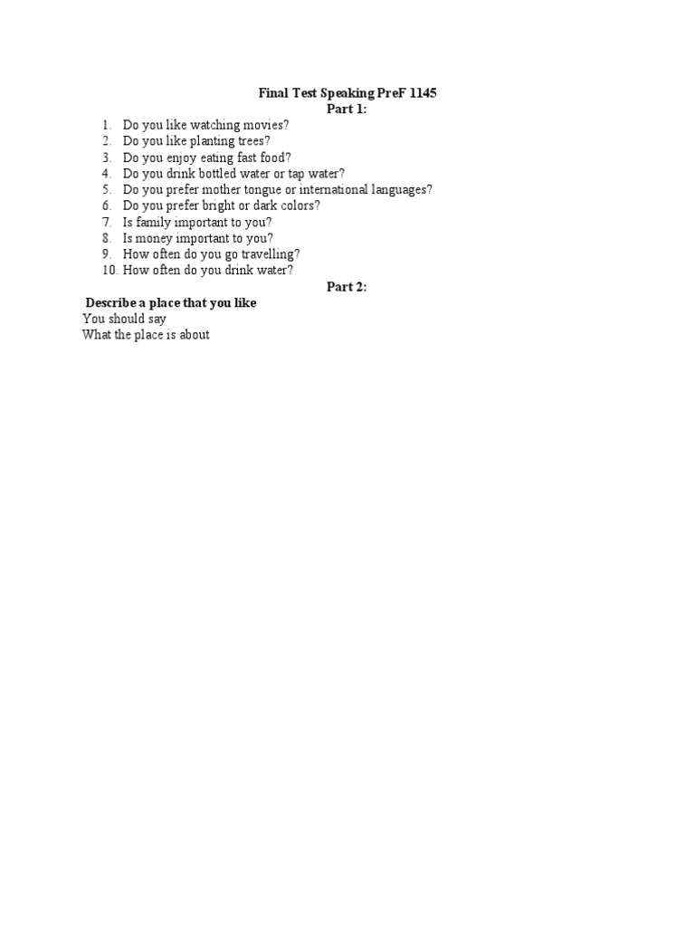 Final Test Speaking PreF1100 | PDF | Language Arts & Discipline ...