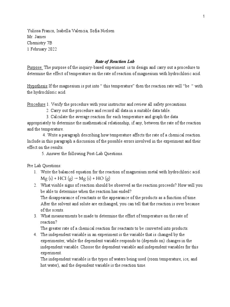 Yulissa Franco - Unit 5 Rate of Reaction Lab | PDF | Chemical Reactions ...