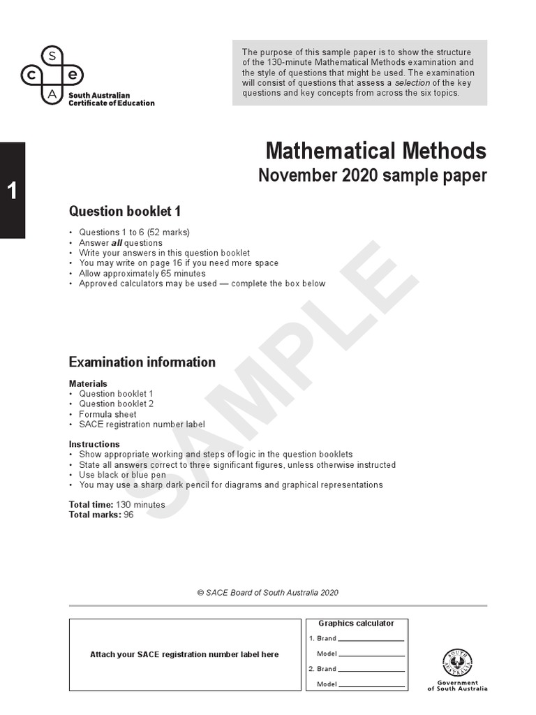 Mathematical Methods - 2020 November Sample Paper - Book 1 | PDF | Area ...