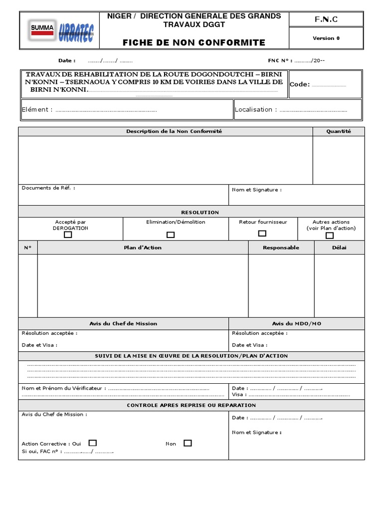 NC  Fiche de Non Conformité  PDF
