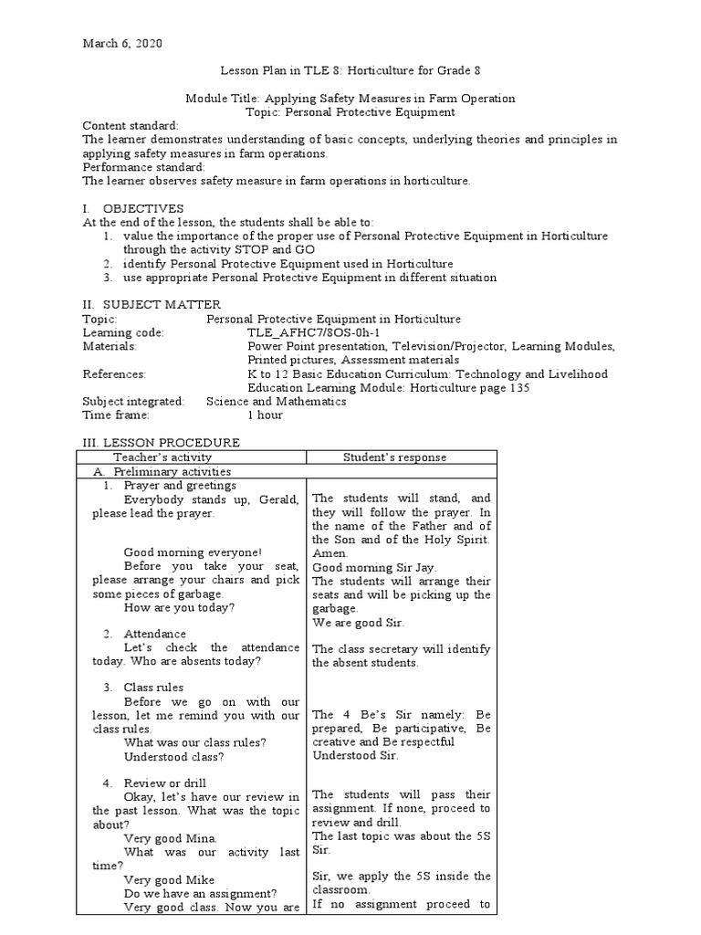 Lesson Plan in TLE PDF Fertilizer Personal Protective Equipment